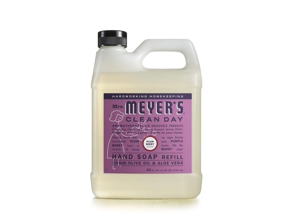 Mrs. Meyer's Clean Day Plum Berry label detail highlighting scent and refill use.