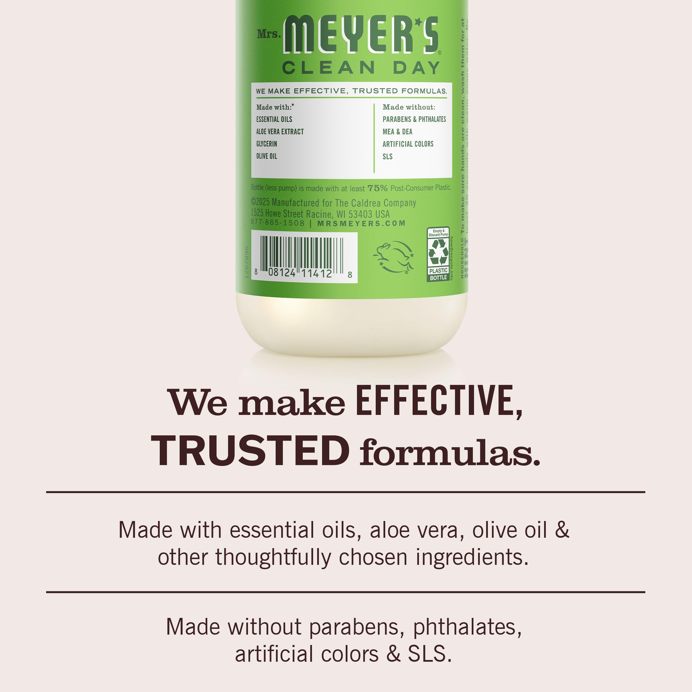 Pump-action dispensing with rich lather from Mrs. Meyer's Clean Day hand soap.