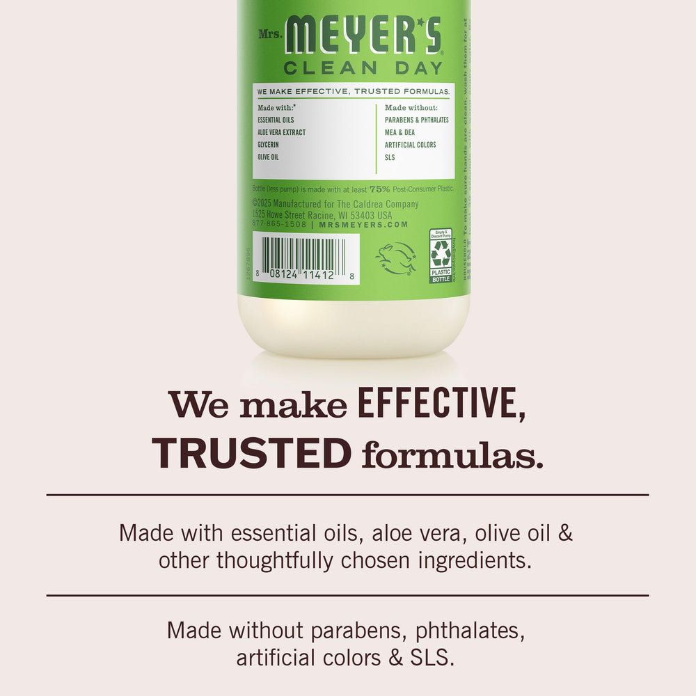 Pump-action dispensing with rich lather from Mrs. Meyer's Clean Day hand soap.