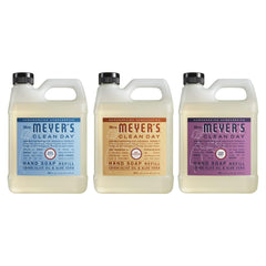 Mrs. Meyer's Clean Day Rain Water refill bottle on a sink for gentle hand cleansing.