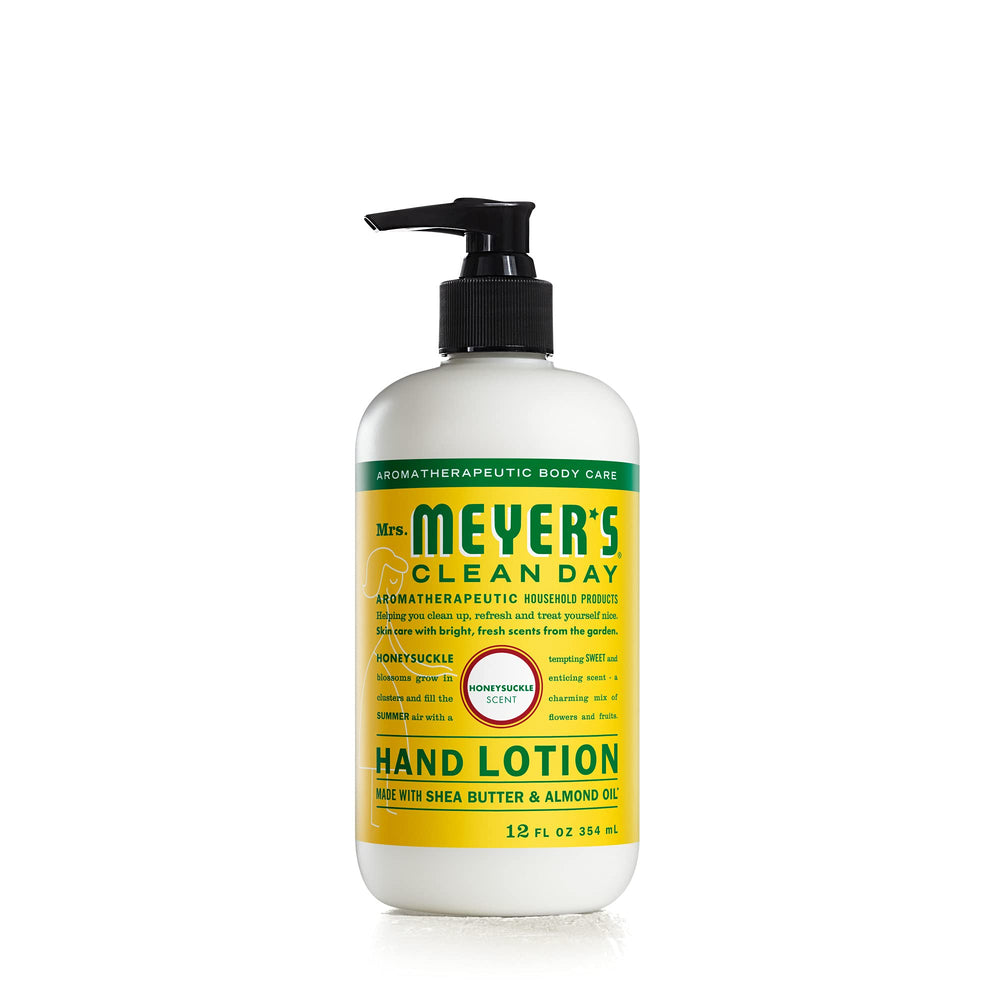 Mrs. Meyer's Honeysuckle hand lotion bottle shows quick-absorbing moisture for dry hands.