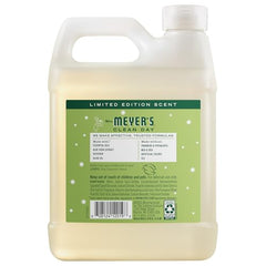 Mrs. Meyer's Iowa Pine label detail highlighting essential oils and cruelty-free formula.