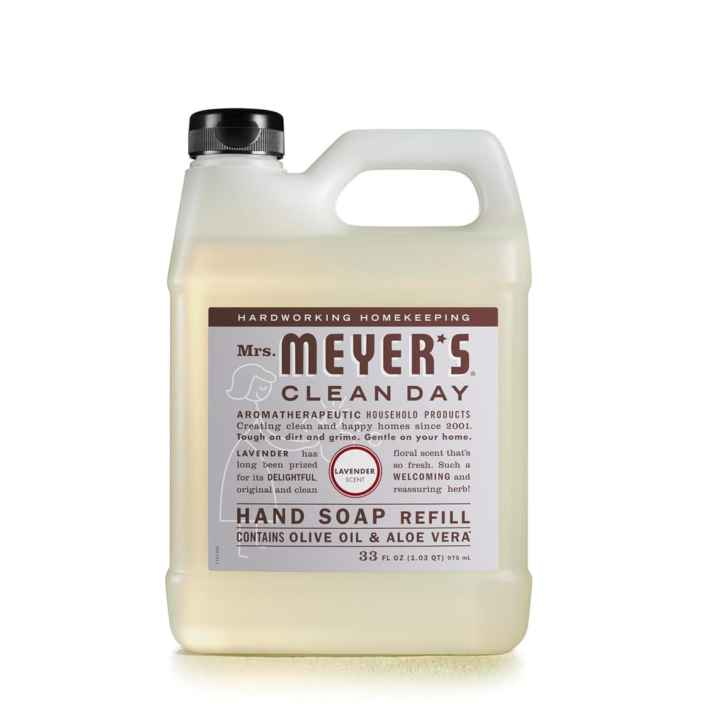 Close-up of Mrs. Meyer's Lavender label highlighting essential oils.