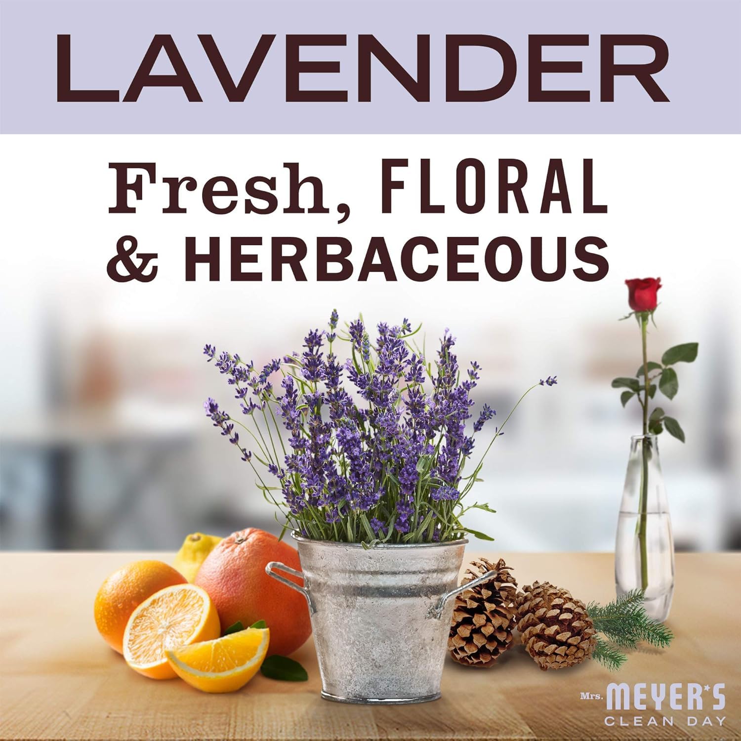 Mrs. Meyer's Lavender packaging shown with recycling symbol for sustainability.