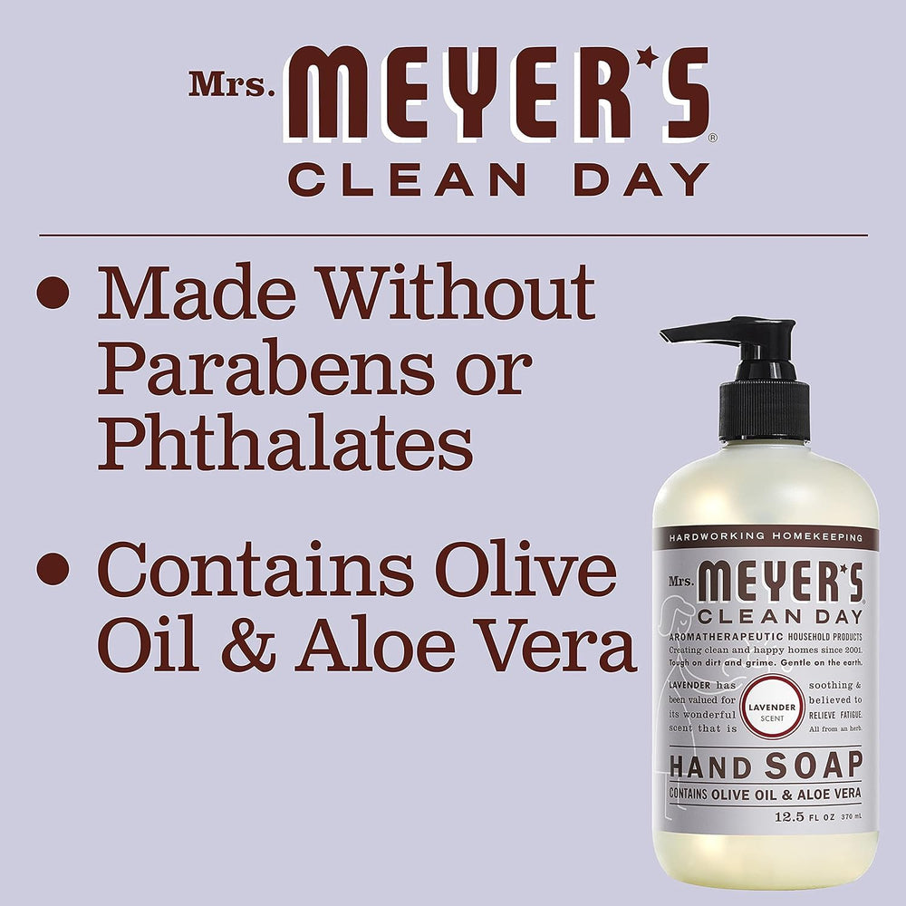 Mrs. Meyer's Lavender plant imagery beside the bottle indicates natural ingredients.