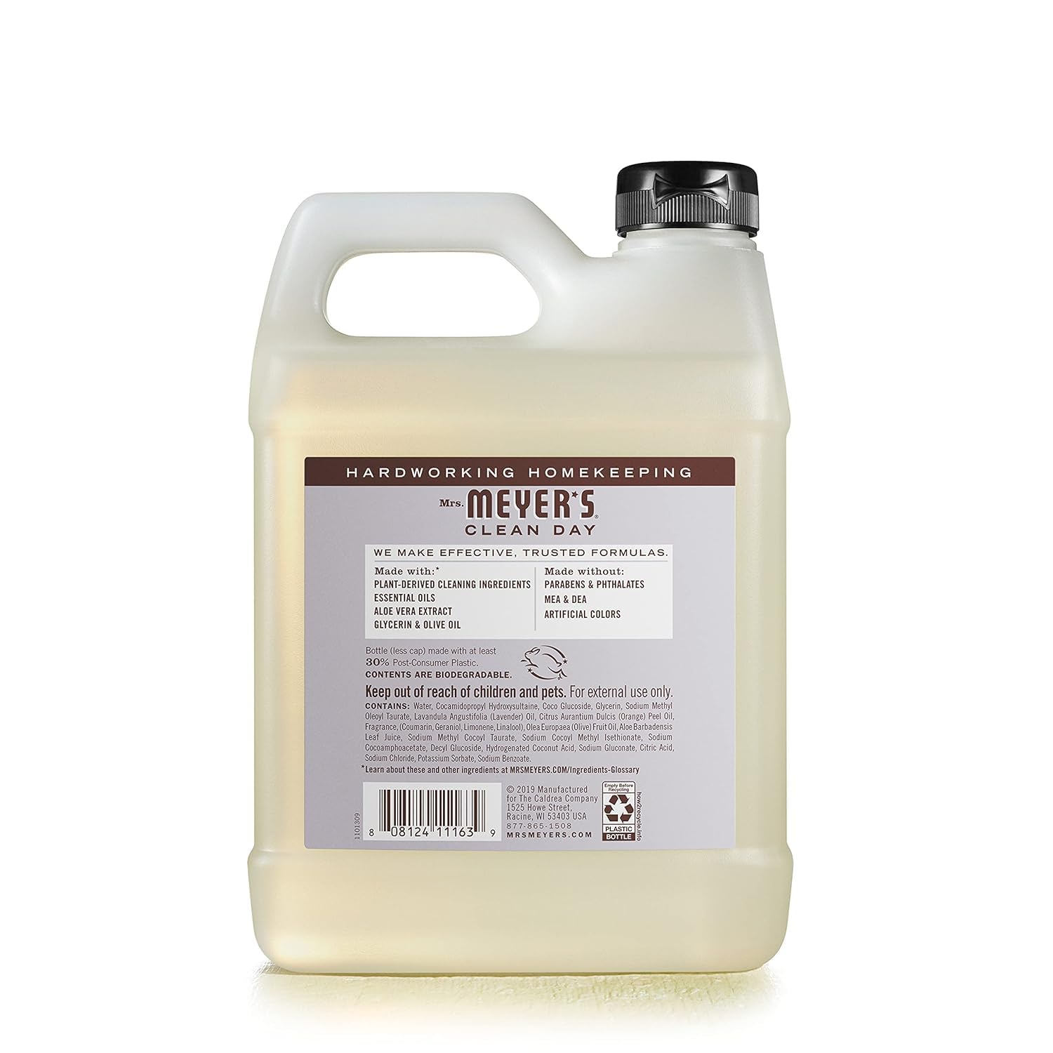 Pouring Mrs. Meyer's Lavender soap into the bottle for quick restock.