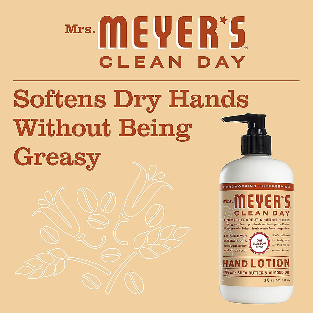 Applying Mrs Meyer's Oat Blossom hand lotion for gentle everyday moisture.