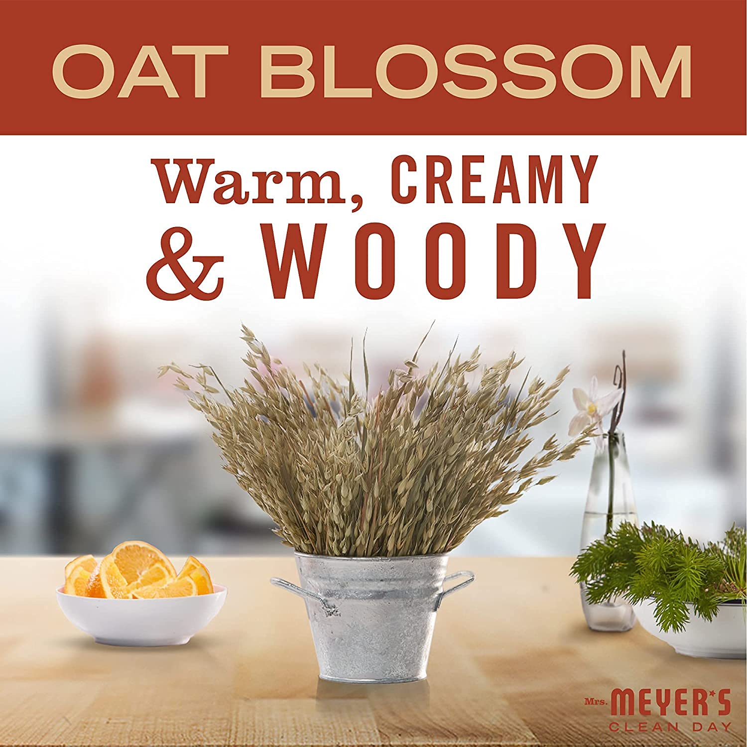Packaging of Mrs Meyer's Oat Blossom hand lotion on store shelf highlighting oat scent.