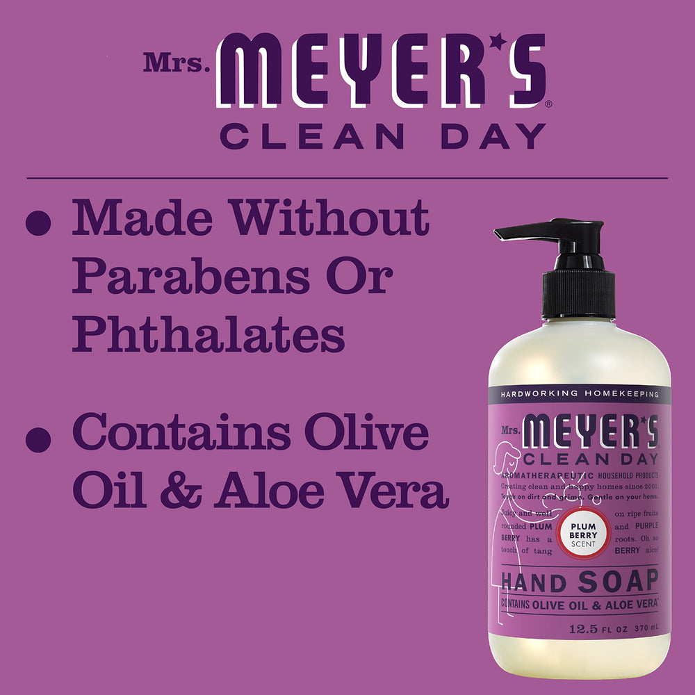 Three bottles of Mrs. Meyer's Plum Berry hand soap in a pack display