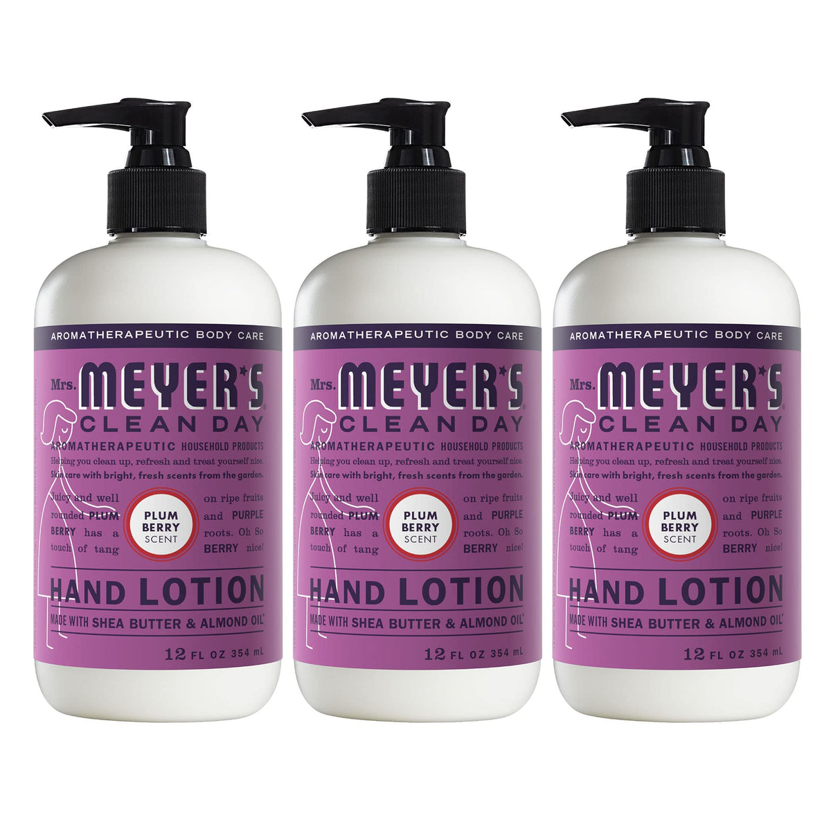 Mrs. Meyer's Plum Berry hand lotion bottle showing soothing moisture for dry hands