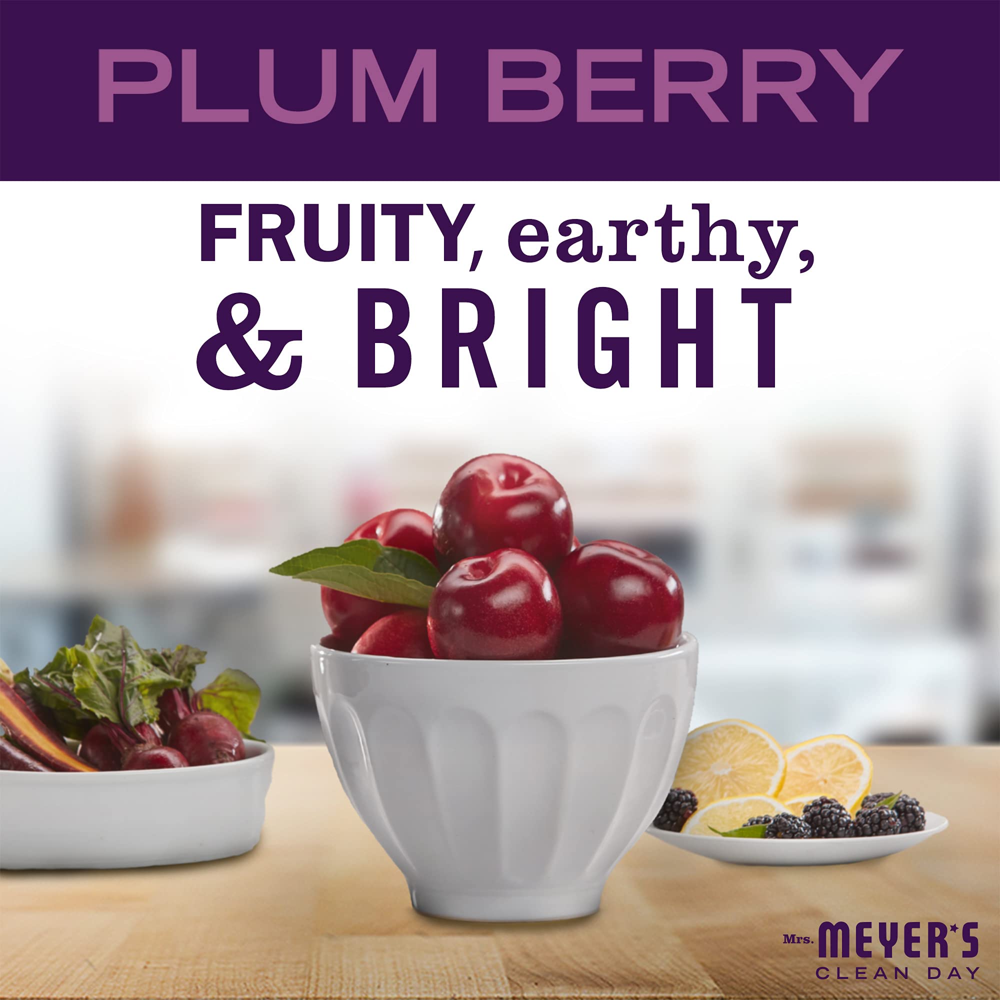 Mrs. Meyer's Plum Berry hand lotion label highlights paraben-free and cruelty-free features
