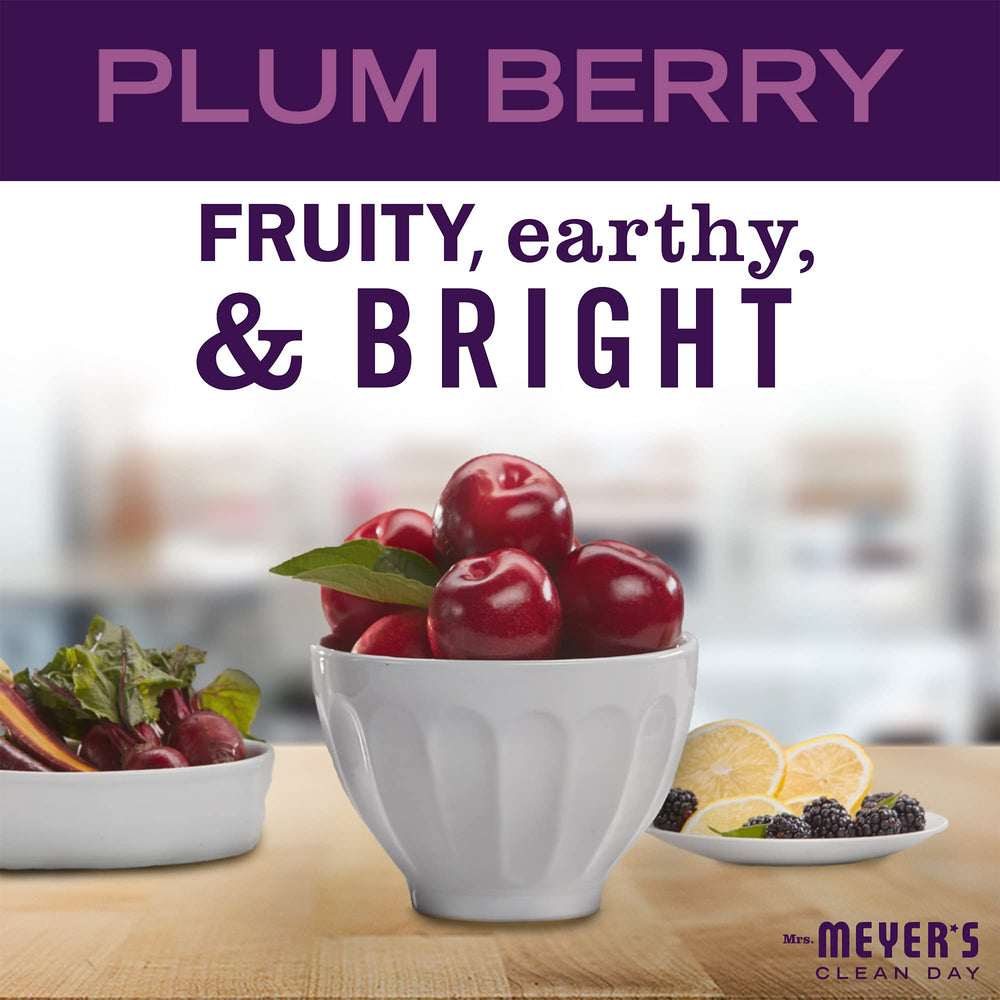 Mrs. Meyer's Plum Berry hand lotion label highlights paraben-free and cruelty-free features