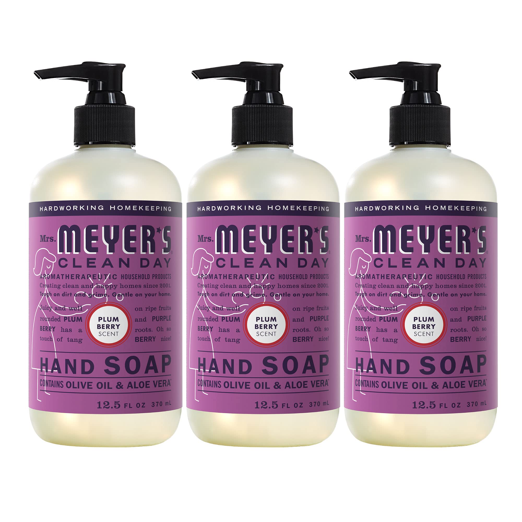 Mrs. Meyer's Plum Berry hand soap bottle on sink ready for handwashing