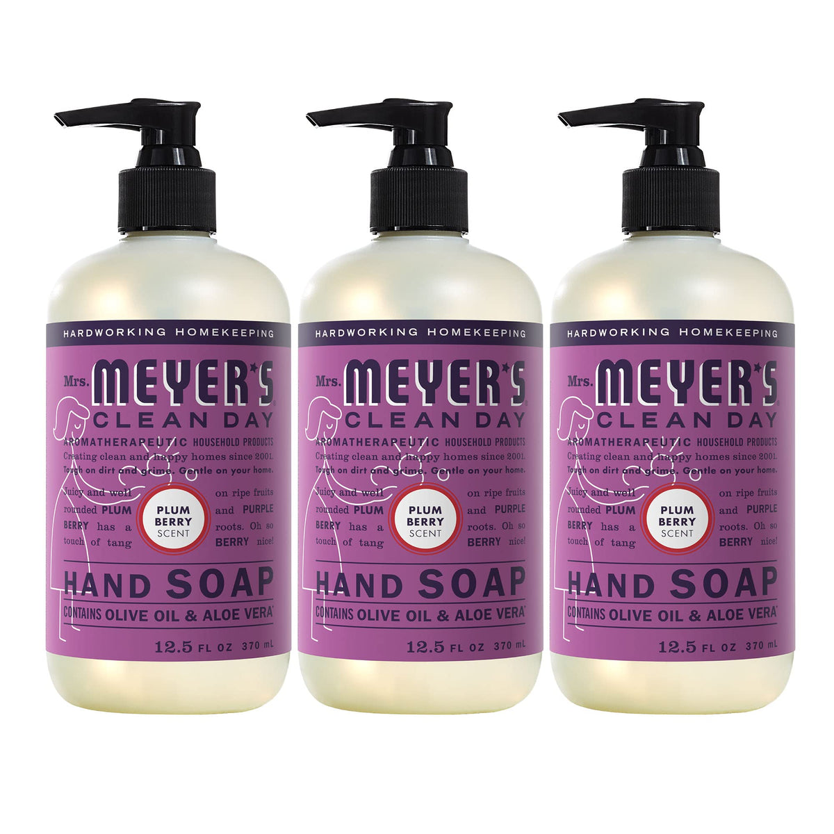Mrs. Meyer's Plum Berry hand soap bottle on sink ready for handwashing