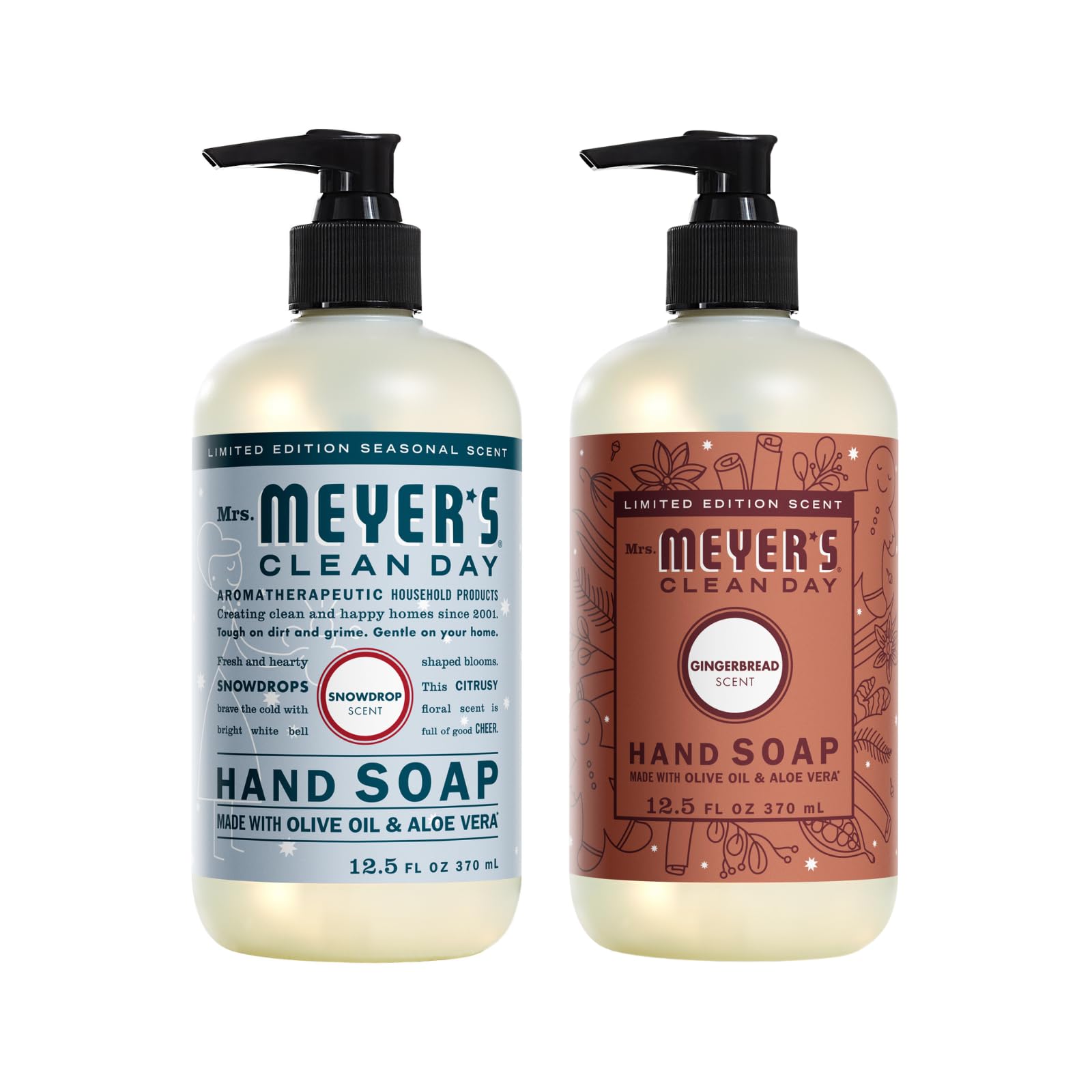 Mrs. Meyer's Snow Drop Gingerbread hand soap bottle with festive scent for daily cleansing