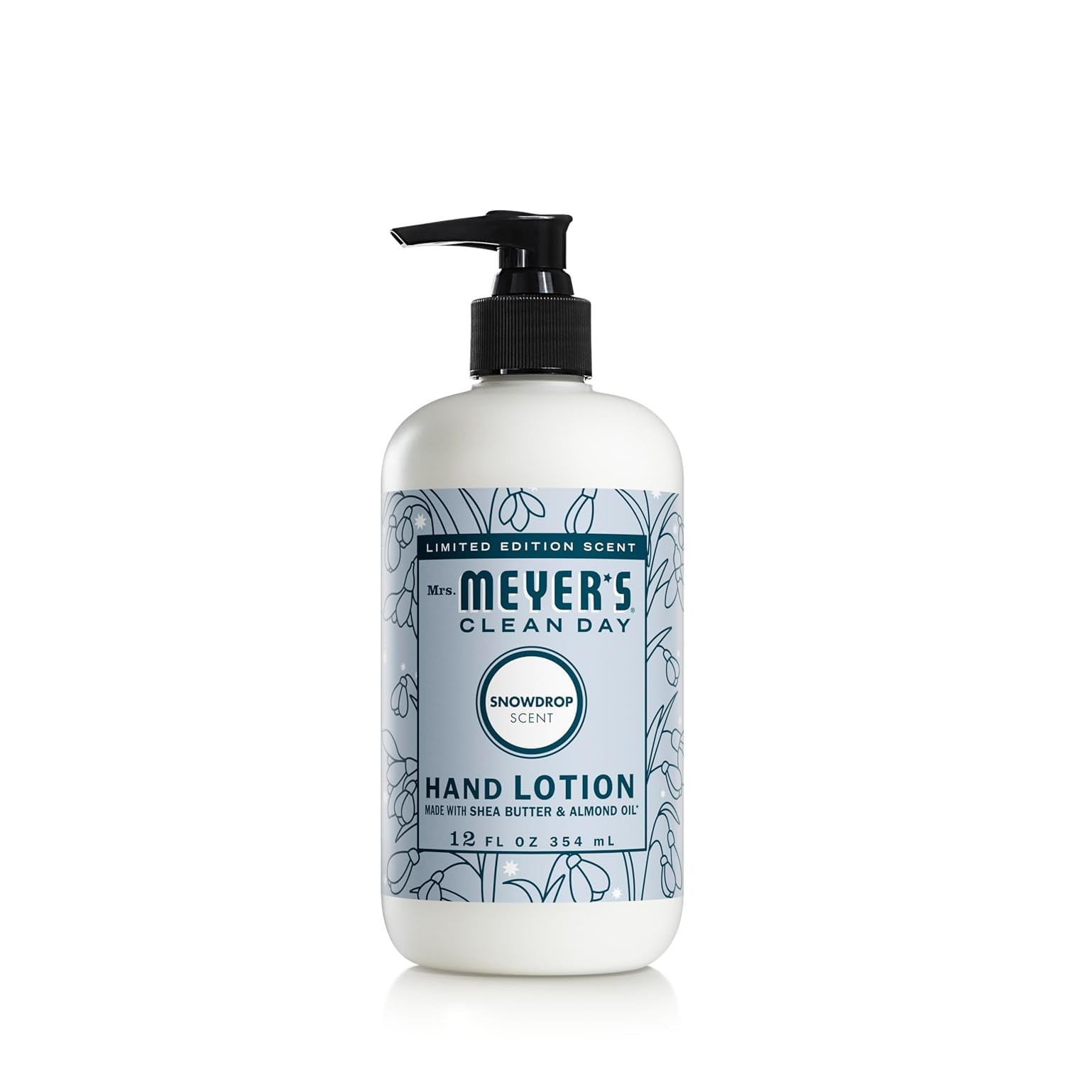 Mrs. Meyer's Snowdrop hand lotion bottle front showing non-greasy moisture for busy hands.