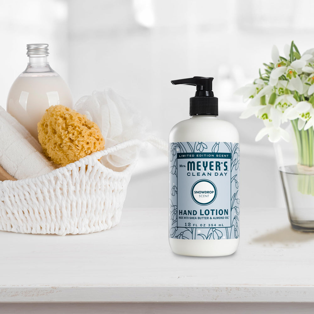 12-ounce Snowdrop hand lotion packaging emphasizes generous size.