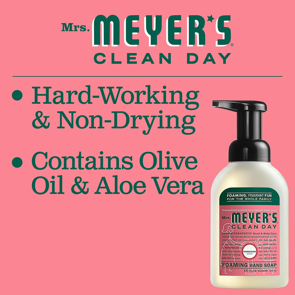 Countertop display of Mrs. Meyer's Watermelon foaming hand soap packaging.