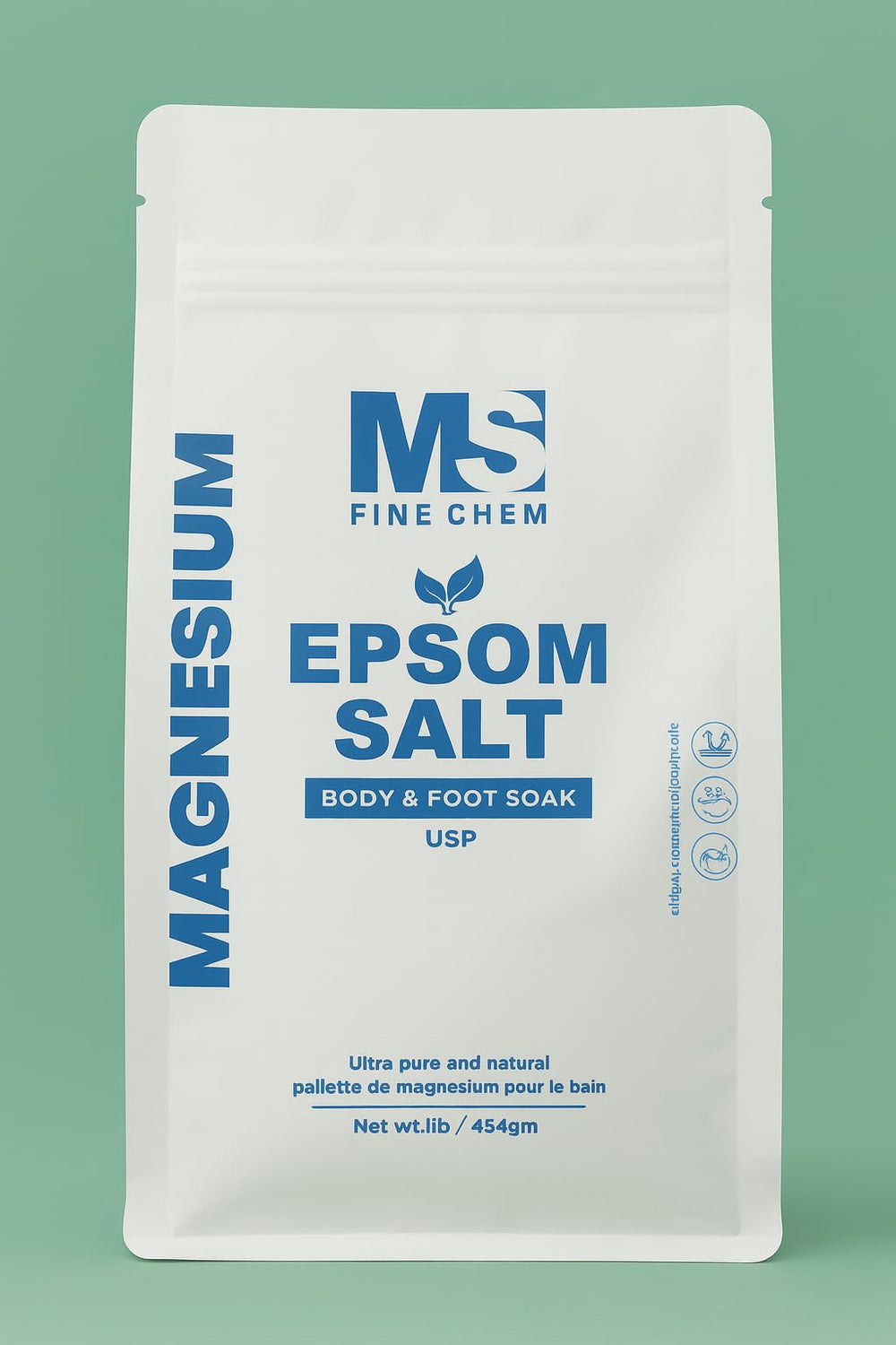 MS Finechem Epsom Salt packaging showing USP-grade magnesium sulfate for pure, multipurpose use