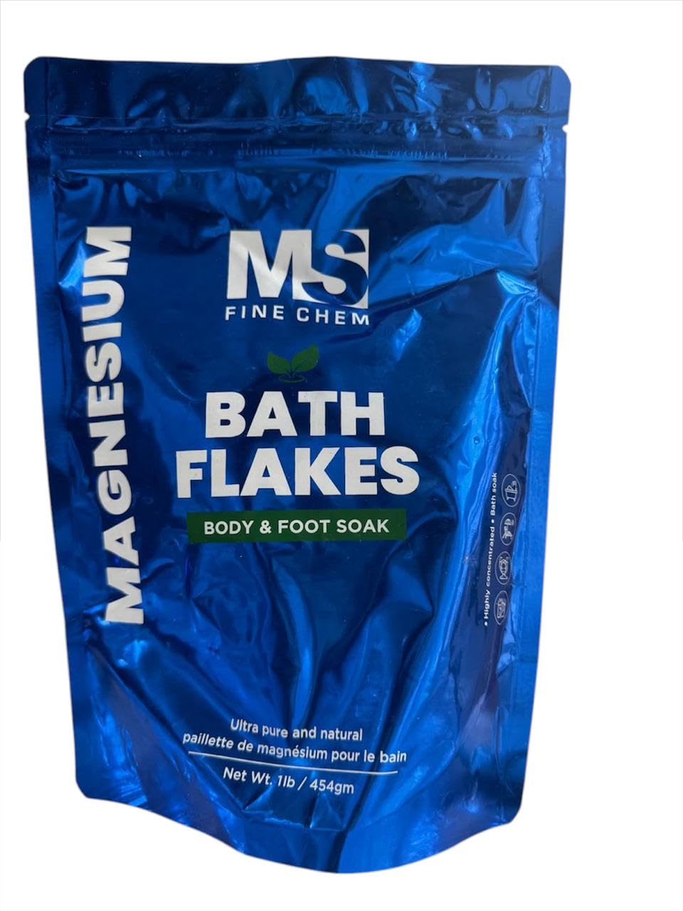 MS Finechem Pure Magnesium Flakes bottle closeup for a soothing bath preparation.