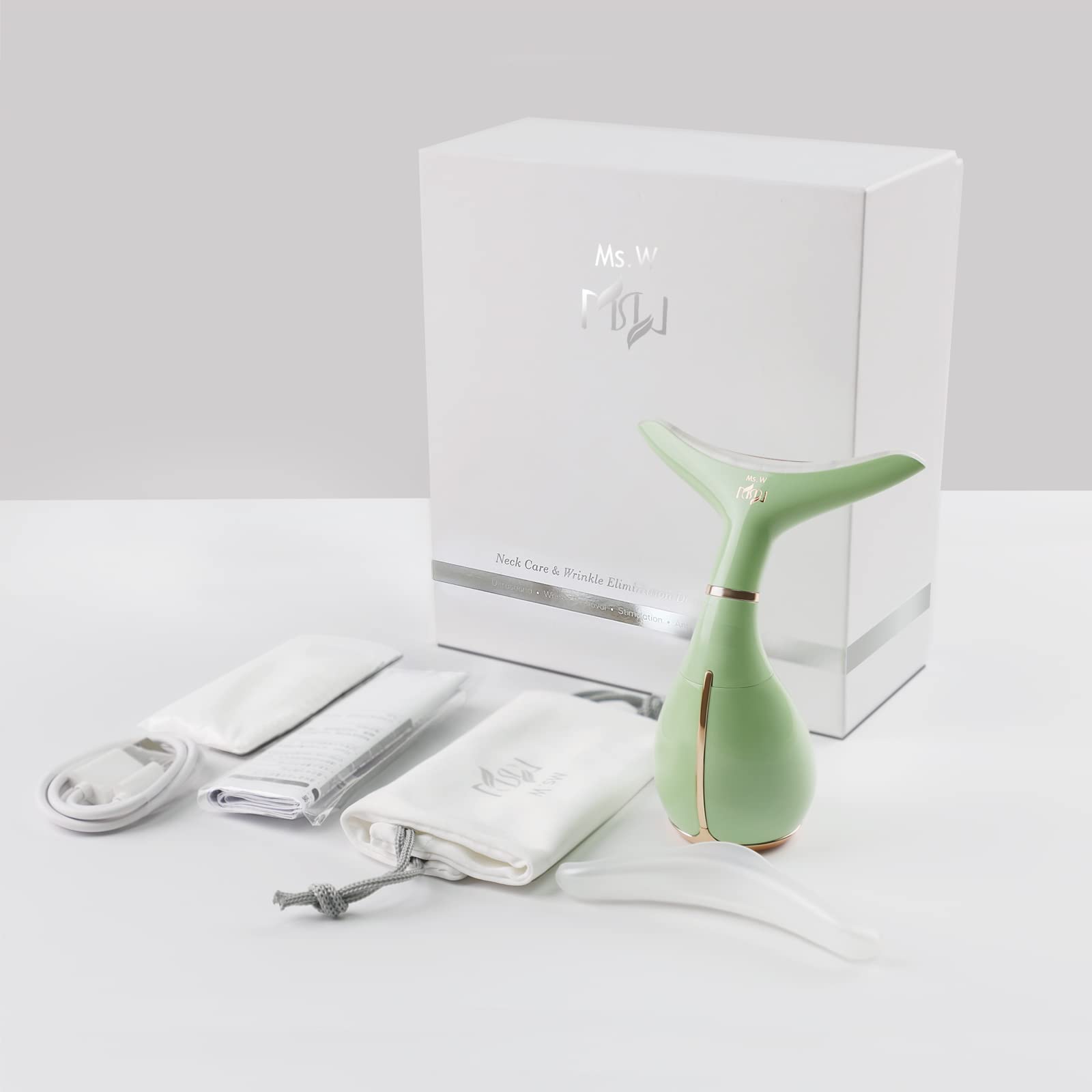 Ms.W facial massager packaging with USB cable and storage bag