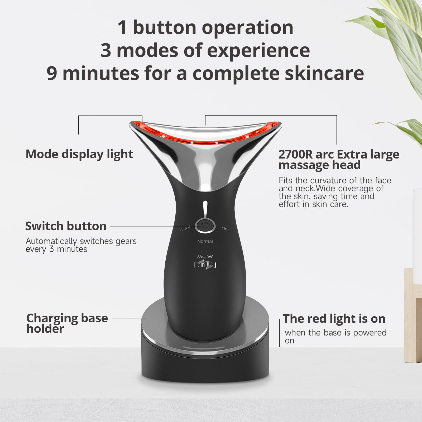 Ms.W red light massager hot mode activation, relaxes facial muscles.