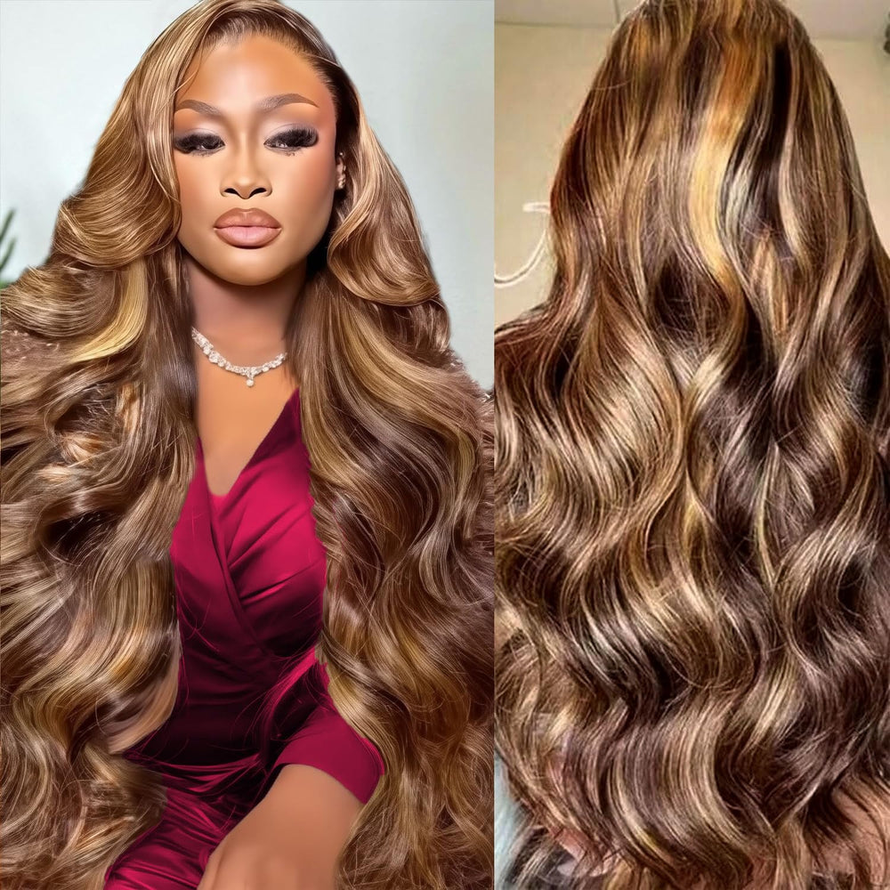 MSCLARA 30-inch highlight body wave lace front wig shows natural movement and seamless parting.