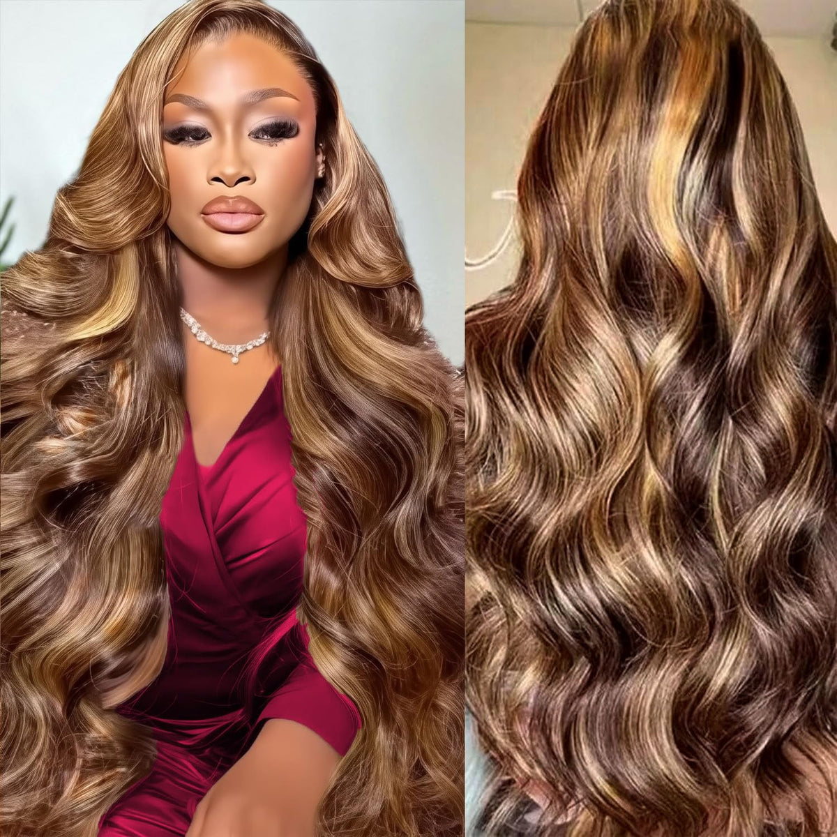 MSCLARA 30-inch highlight body wave lace front wig shows natural movement and seamless parting.