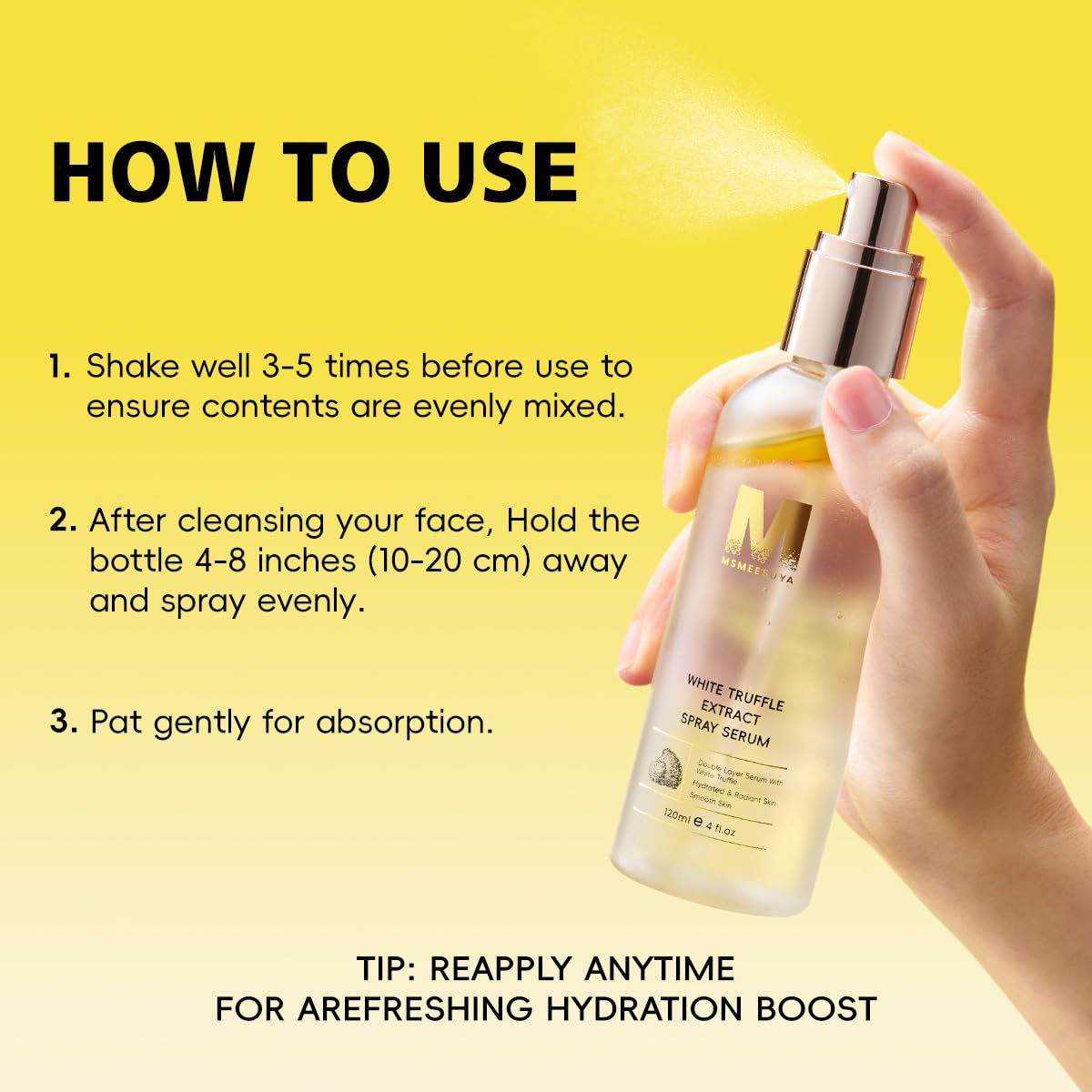 Two-phase MSMEESUYA formula close-up with nourishing oils and lightweight essence.