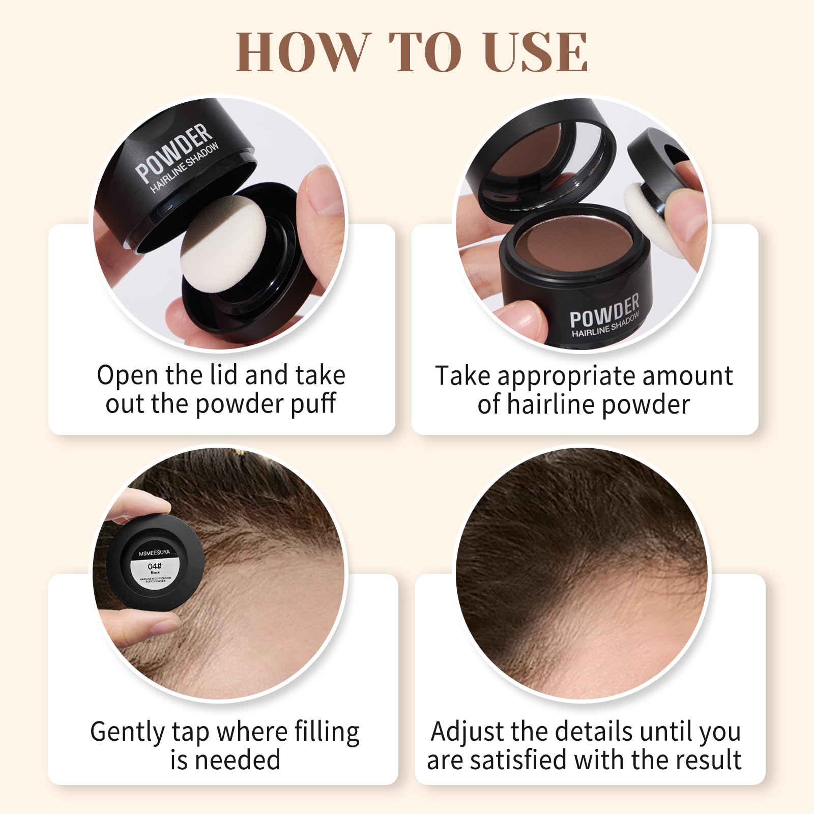 Before and after using MSMEESUYA Hairline Powder for natural-looking results