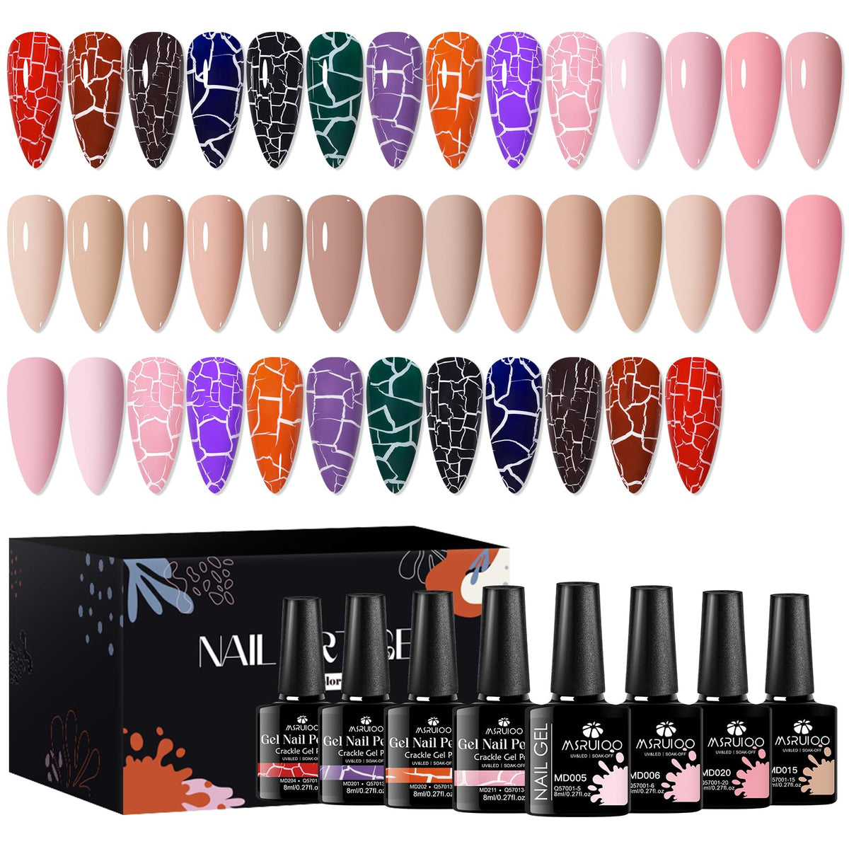 MSRUIOO crackle gel polish kit collection with vivid 3D crackle effects for at-home nails