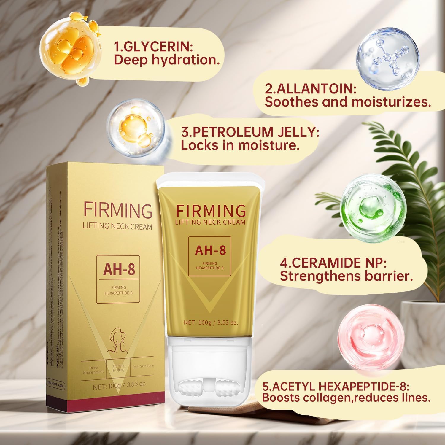 AH-8 body tightening cream ready for use on décolletage and chest.