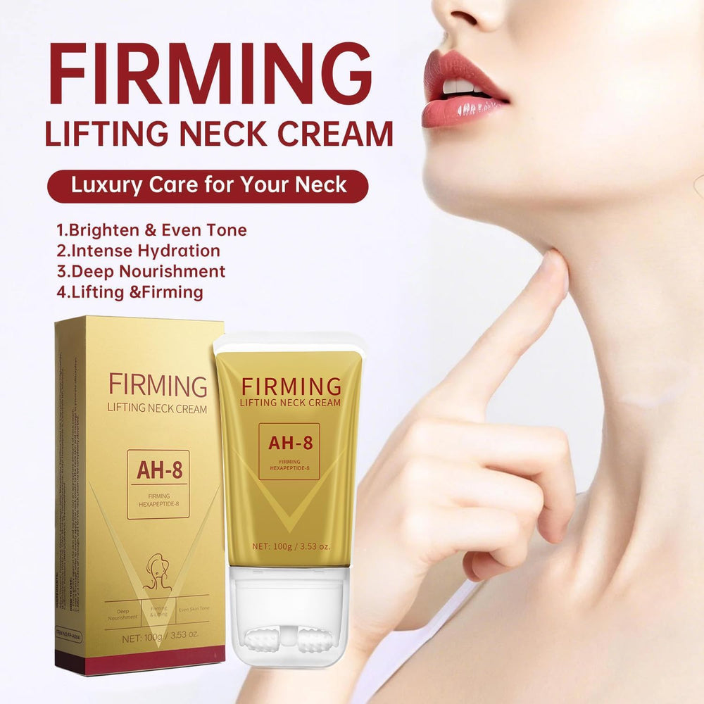Hands applying AH-8 neck cream with roller on the neck.