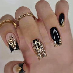 Much Hotter acrylic square press-on nails with black gold foil for a chic full-cover look.