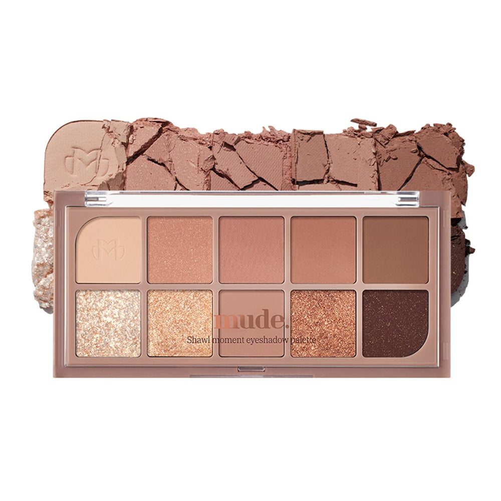 mude Shawl Moment Eyeshadow Palette with matte, shimmer, glitter shades for day-to-night looks