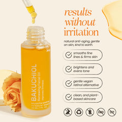 Mudita Earth Bakuchiol Face Oil drops demonstrate precise application.