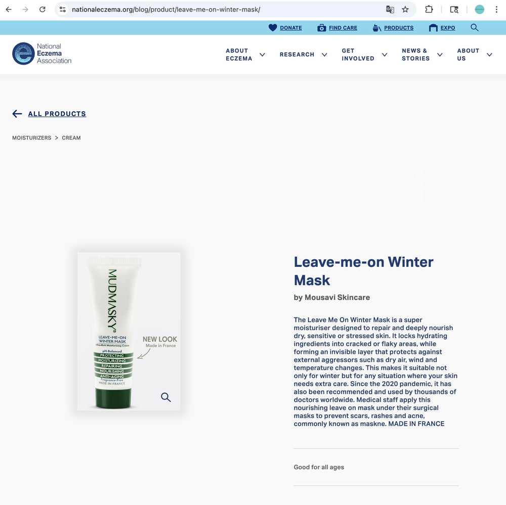 Packaging of MUDMASKY Leave-Me-On Winter Mask highlights travel-friendly protection