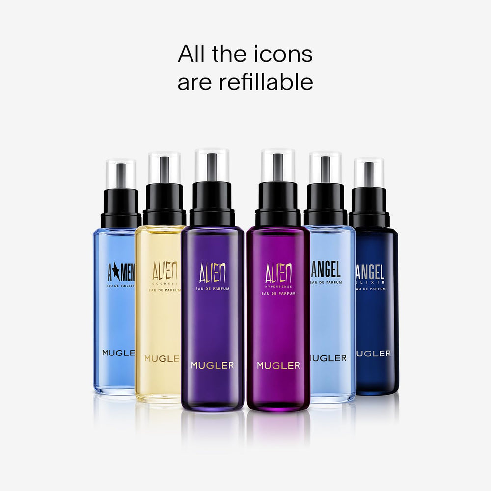 Mugler A*Men refill bottle label close-up: clear refill information