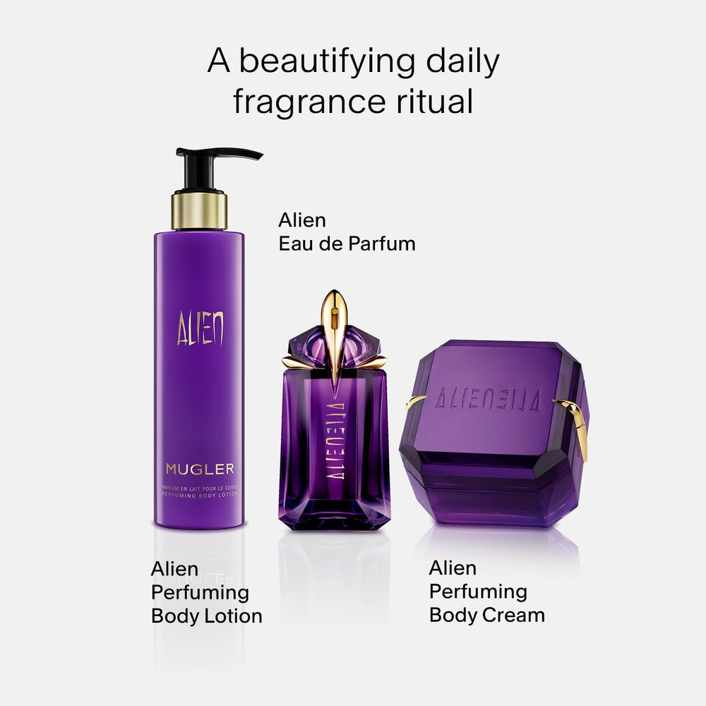 MUGLER Alien Body Lotion tube beside fragrance bottle ready for routine.