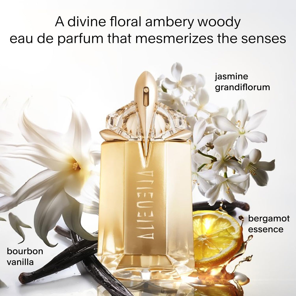 Mugler Alien Goddess mini set bottle front, highlights luminous vanilla and jasmine notes.