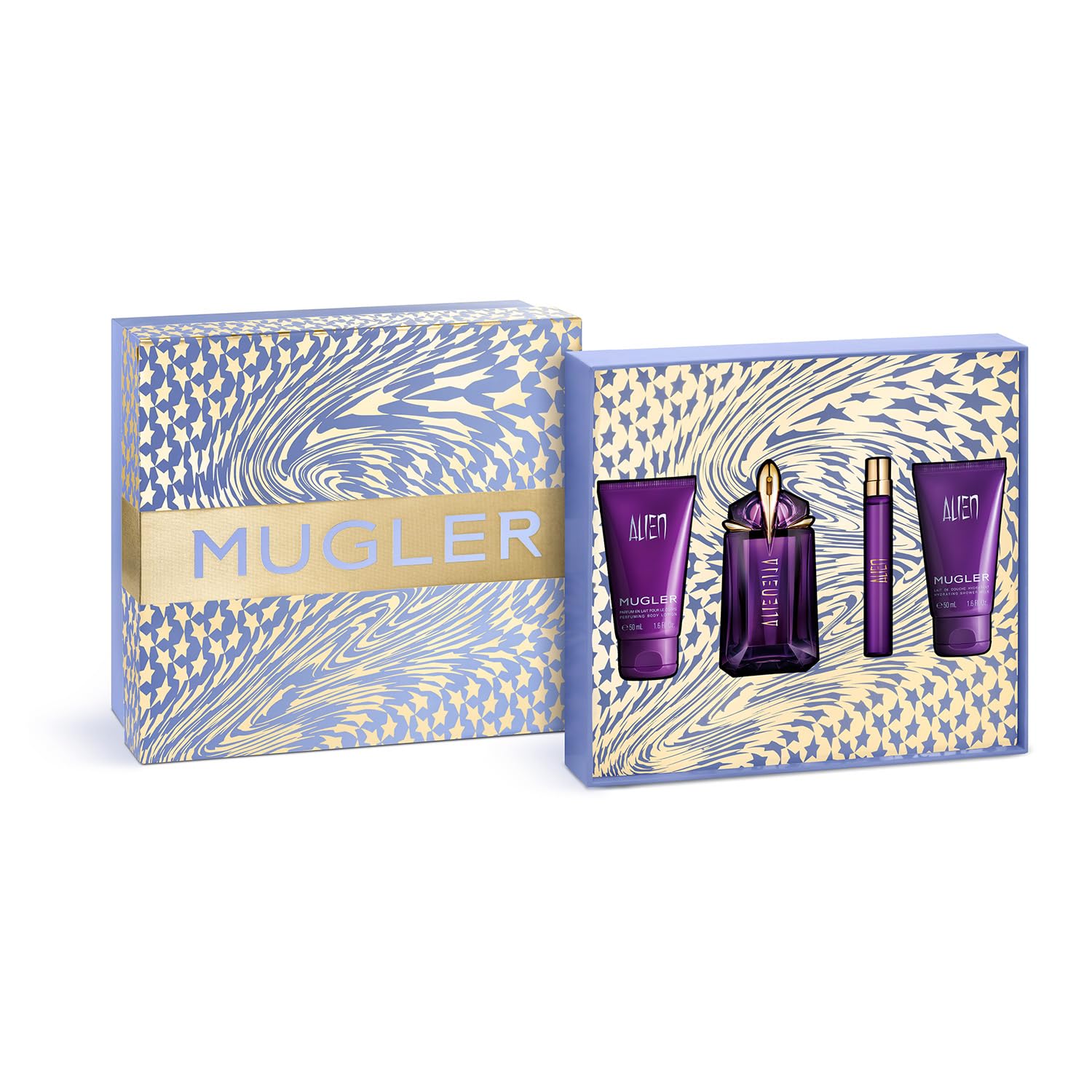 Mugler Alien gift box featuring the eau de parfum bottle, ideal for gifting and daily wear.