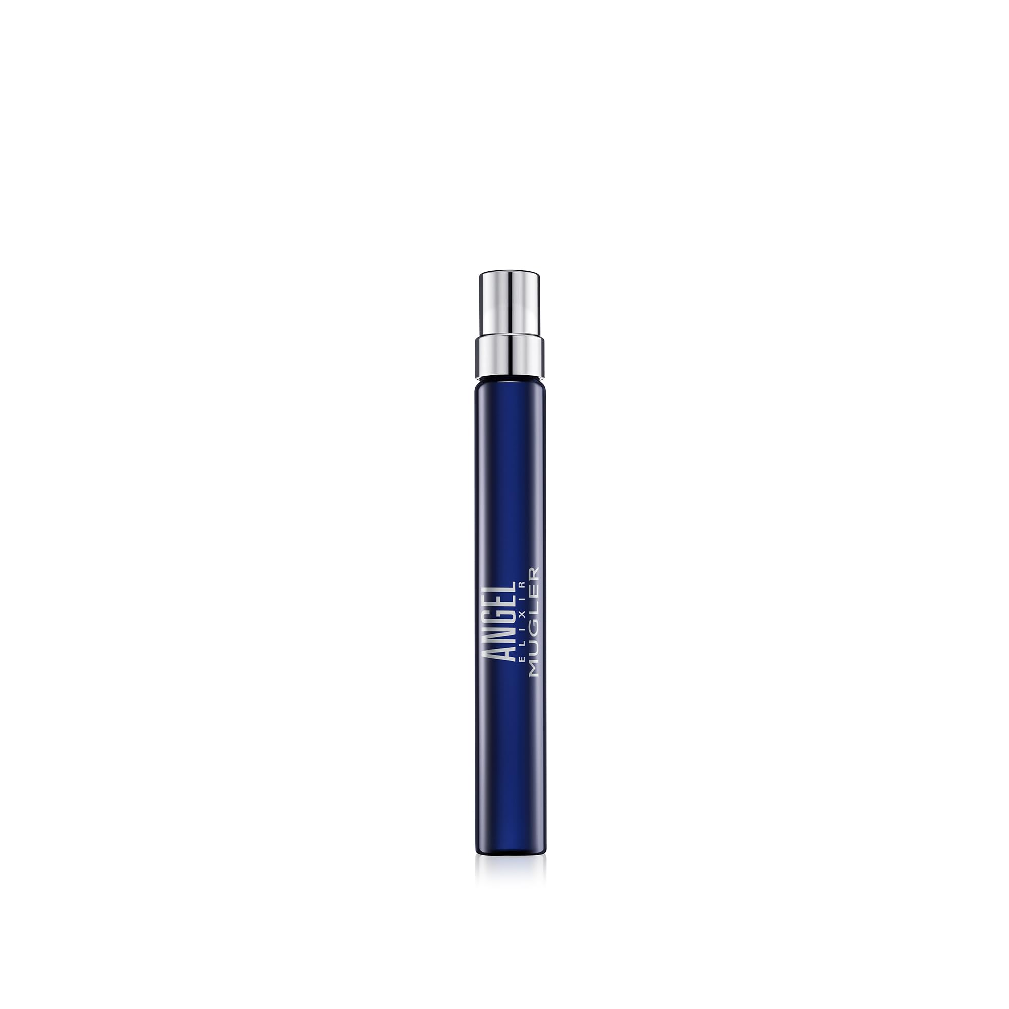 Mugler Angel Elixir bottle close-up with blue glass, suggesting a long-lasting impression.