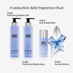 Mugler Angel logo on packaging signals premium ritual and recognition.