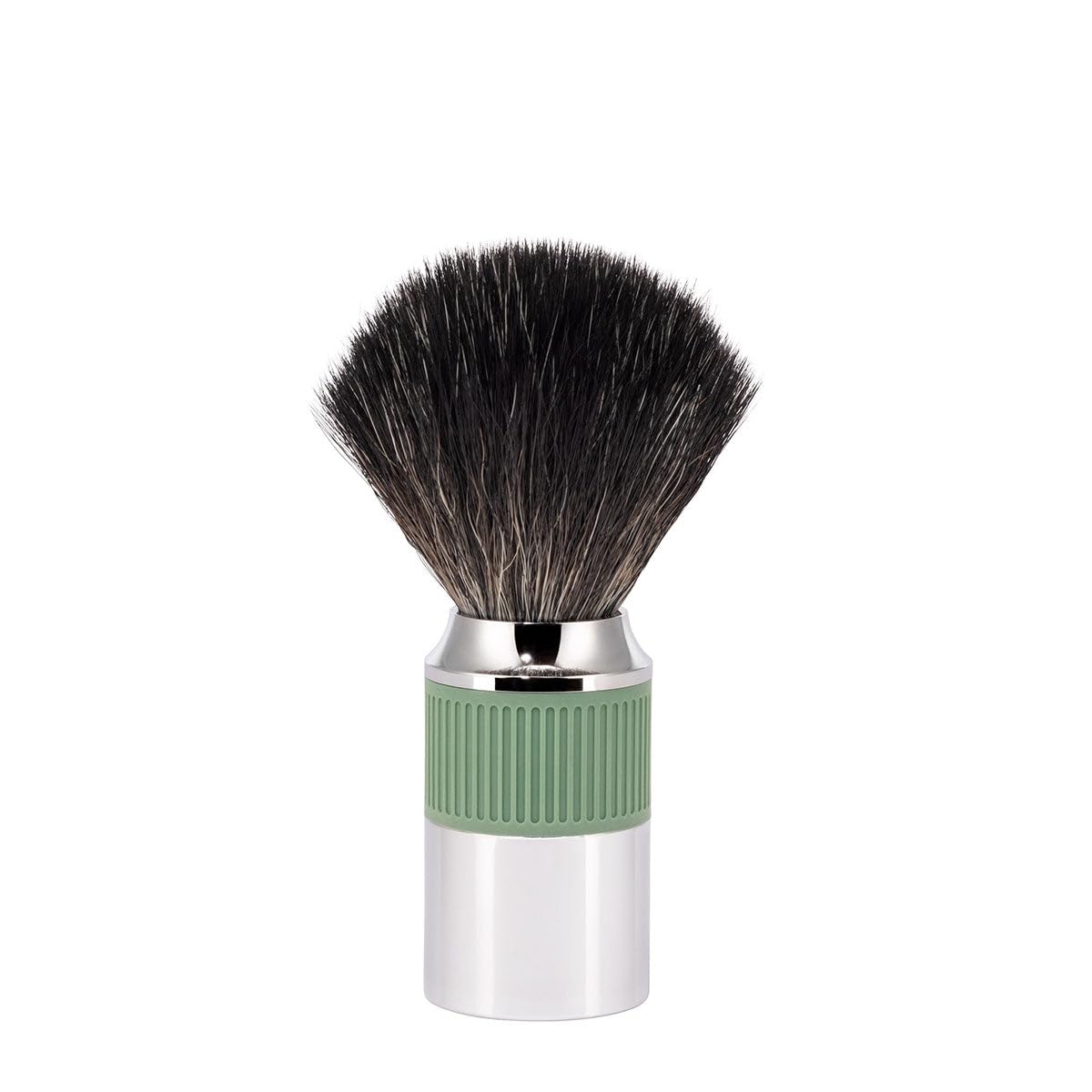 MÜHLE NEO shaving brush with chrome handle and sage-green grip for secure, comfortable lather.