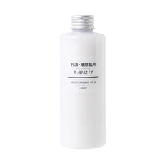 MUJI Sensitive Skin Refreshing Type bottle close-up, showing a gentle, hydrating feel.