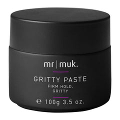 Mr MUK Strong Hold Gritty Finish Paste jar shows rugged hold for textured styles.