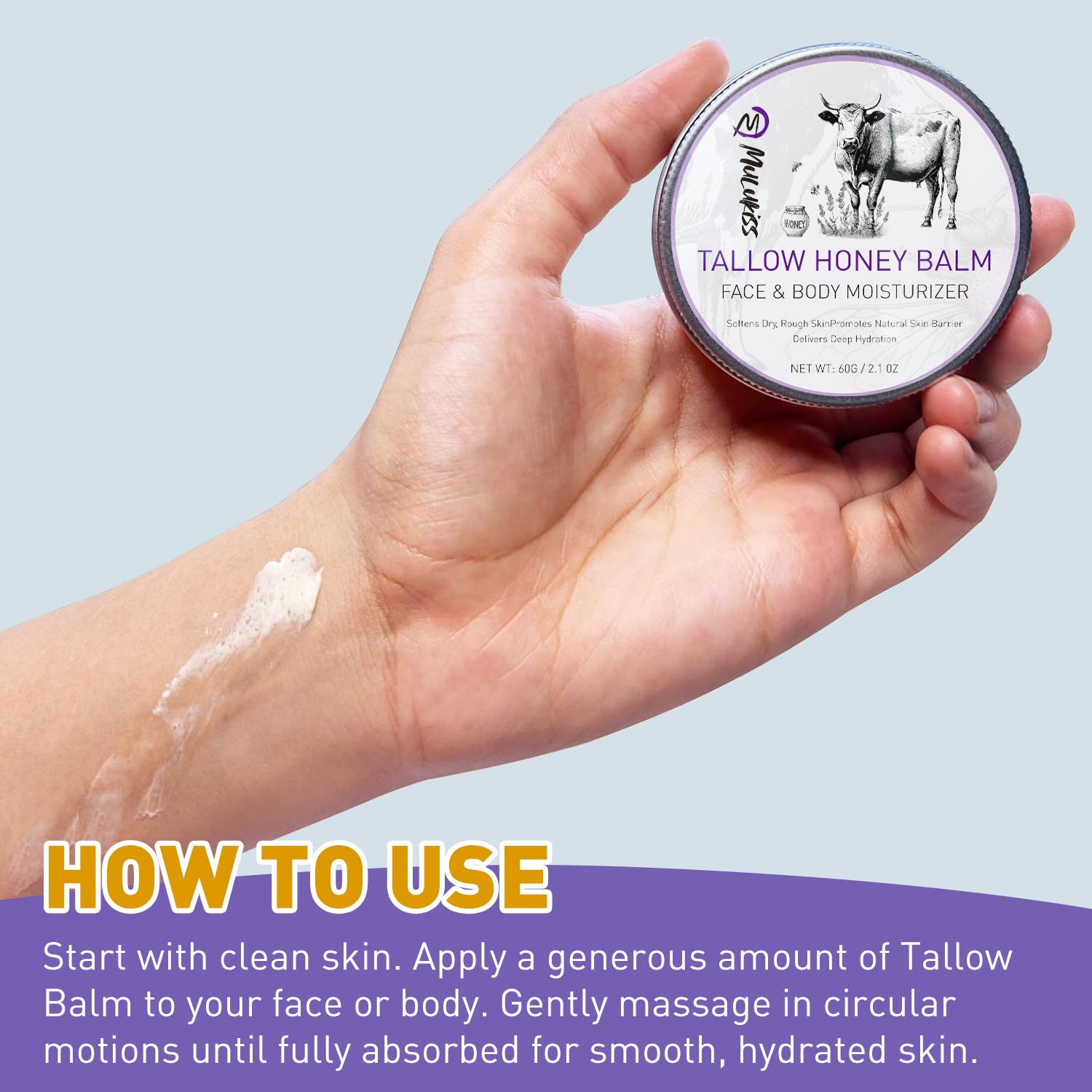 Mulukiss balm on skin demonstrating nourishing, all-day hydration for the face.