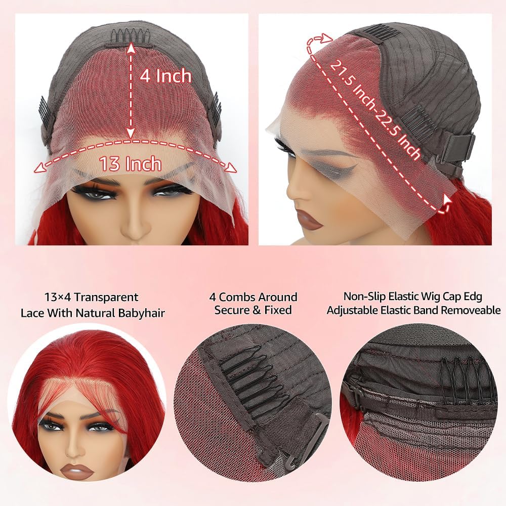 Mululi red wig features 200% density for fuller, silky volume.