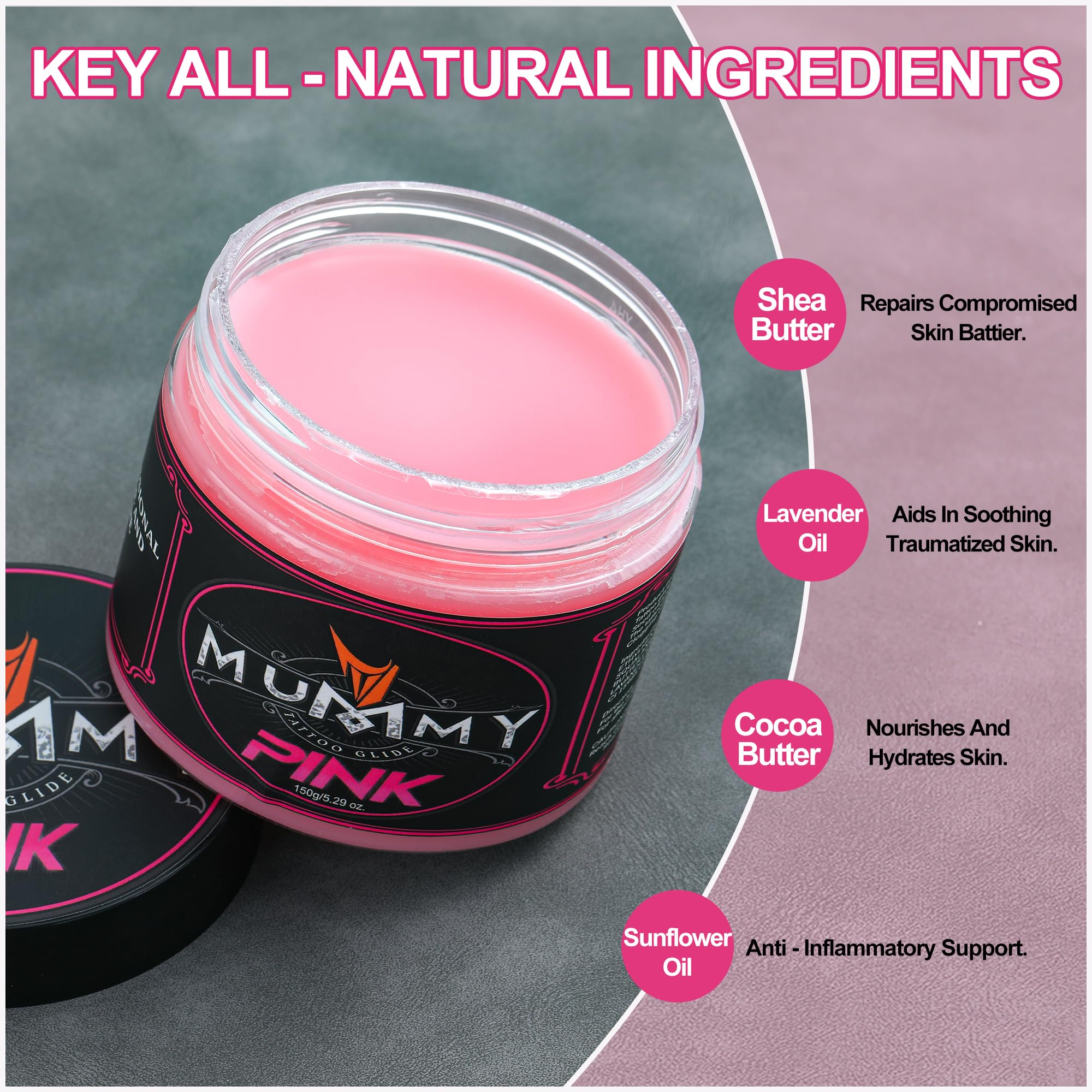 Mummy Tattoo Glide cream jar highlights nourishing formula for aftercare.