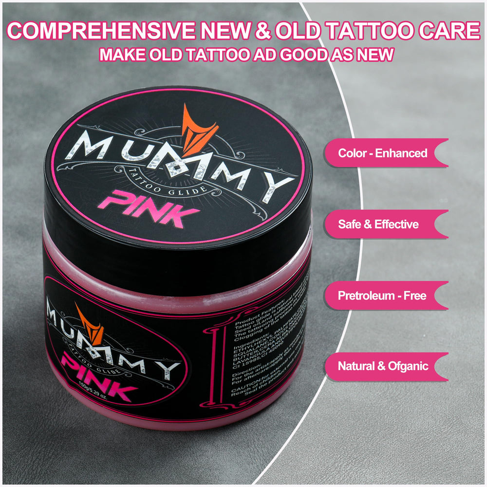 Mummy Tattoo Glide tattoo artist use demonstrates glide formula for smooth operation.